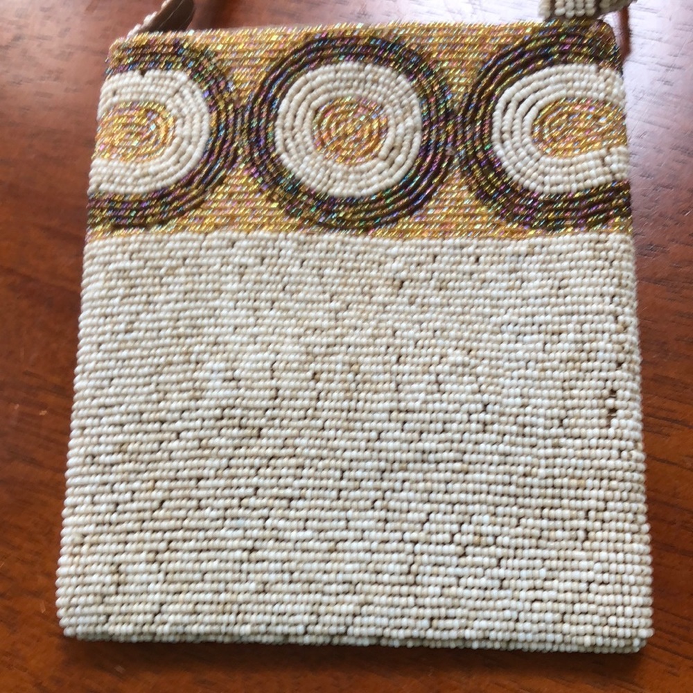 Beaded evening bag, beige, gold, blue w/ zipper& shoulder strap, NWOT